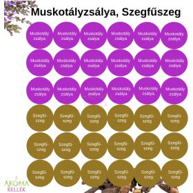 Matrica, címke illóolajokhoz - Muskotályzsálya, Szegfűszeg